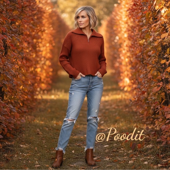 Baevely Sweaters - BAEVELY ribbed rust half zip crop sweater size LARGE